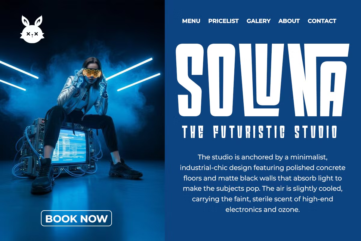 Futuristic studio website mockup with neon blue lighting, figure in tech gear, navigation menu, bold typography