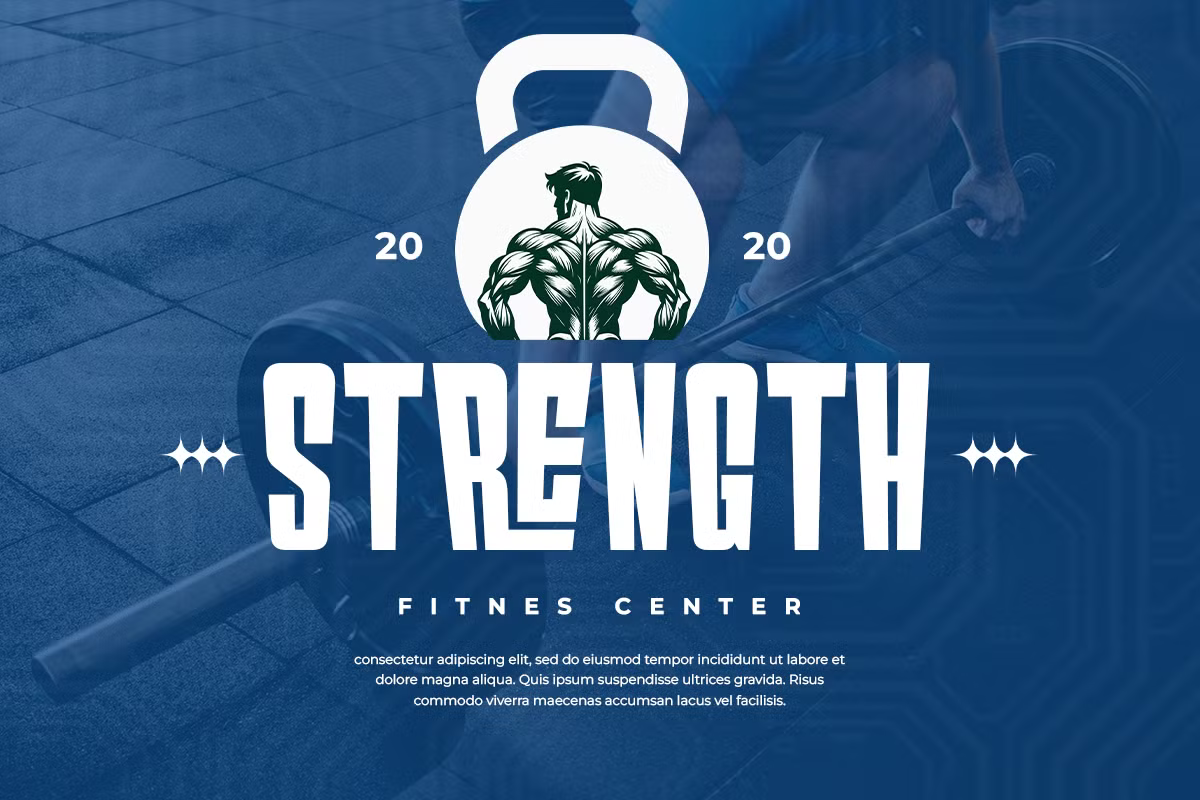 Strength Fitness Center gym logo with kettlebell, muscular back illustration, bold typography on blue background