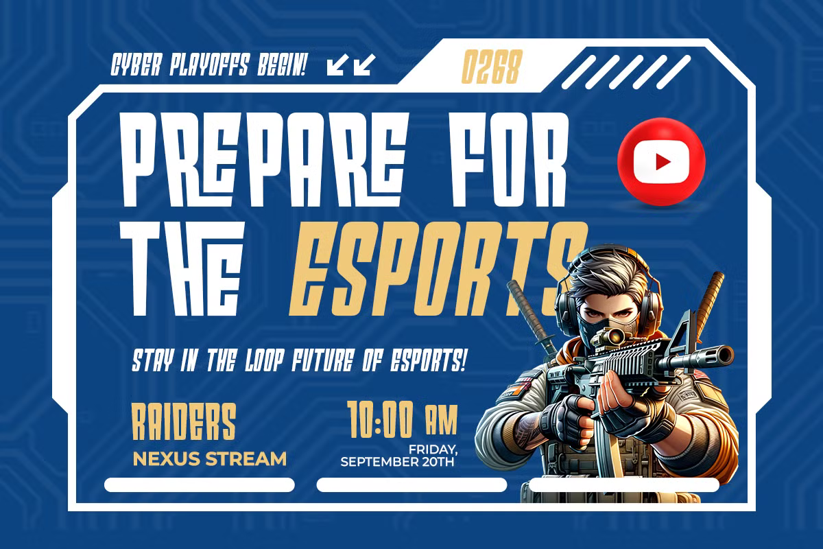 Cyber playoffs esports tournament poster with armed character, gold text, YouTube play button on deep blue circuit board background