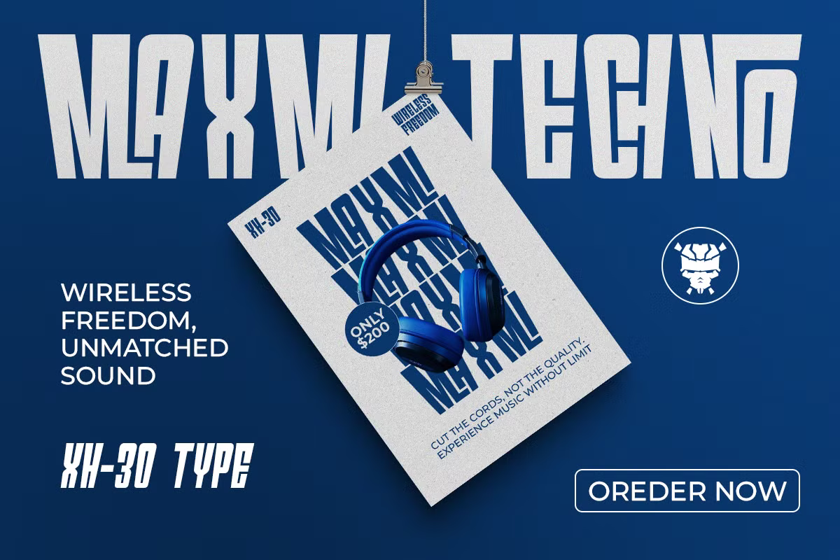 Wireless headphones product poster mockup with blue headset on hanging white box against deep blue background