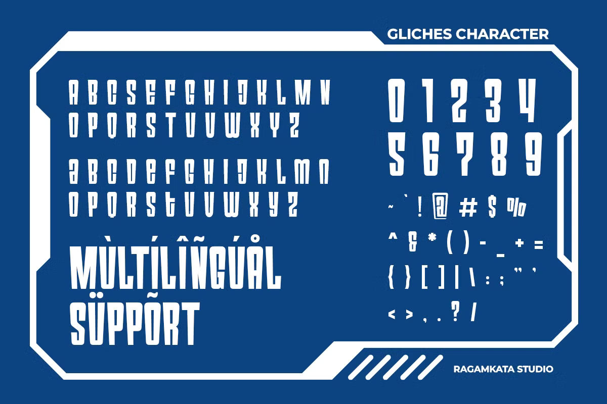 Bold sci-fi font with multilingual glyphs, numbers, symbols on deep blue background