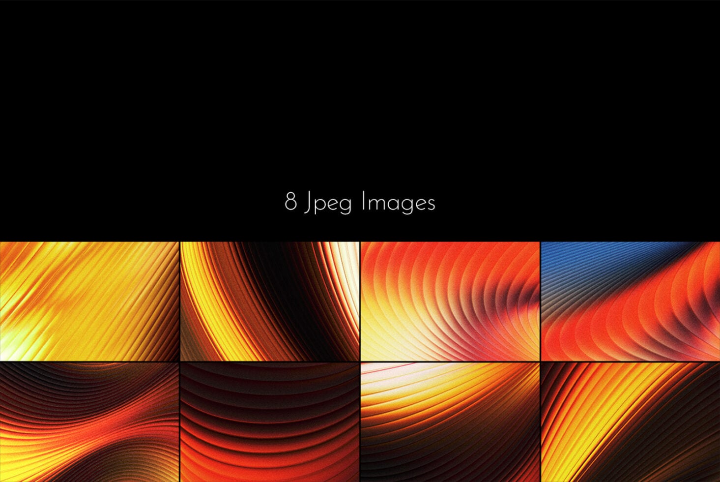 Eight abstract background images with flowing wavy textures in warm reds, oranges, yellows, plus black
