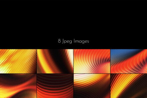 Eight abstract background images with flowing wavy textures in warm reds, oranges, yellows, plus black