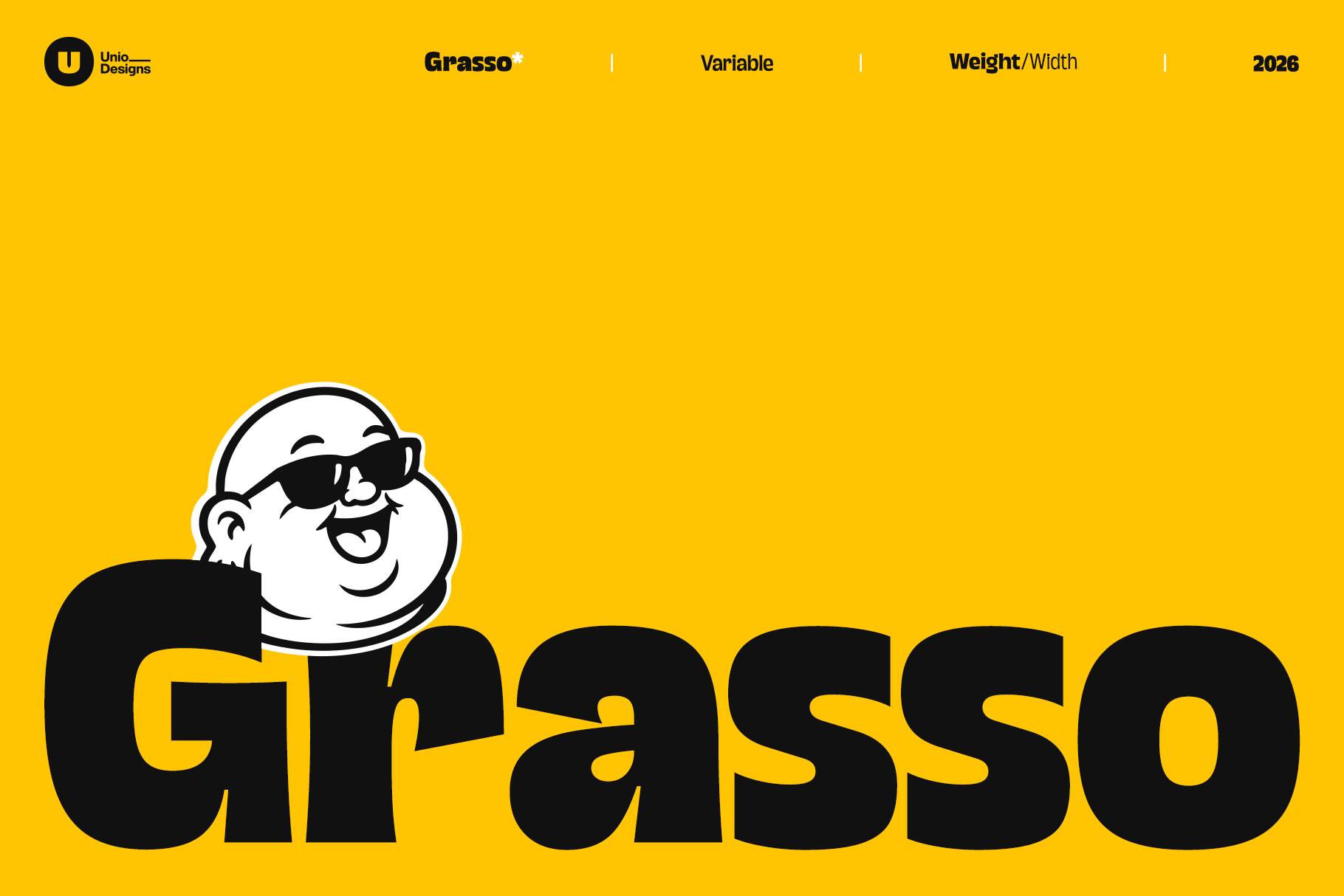 Grasso variable font specimen sheet with bold black letters on bright yellow background