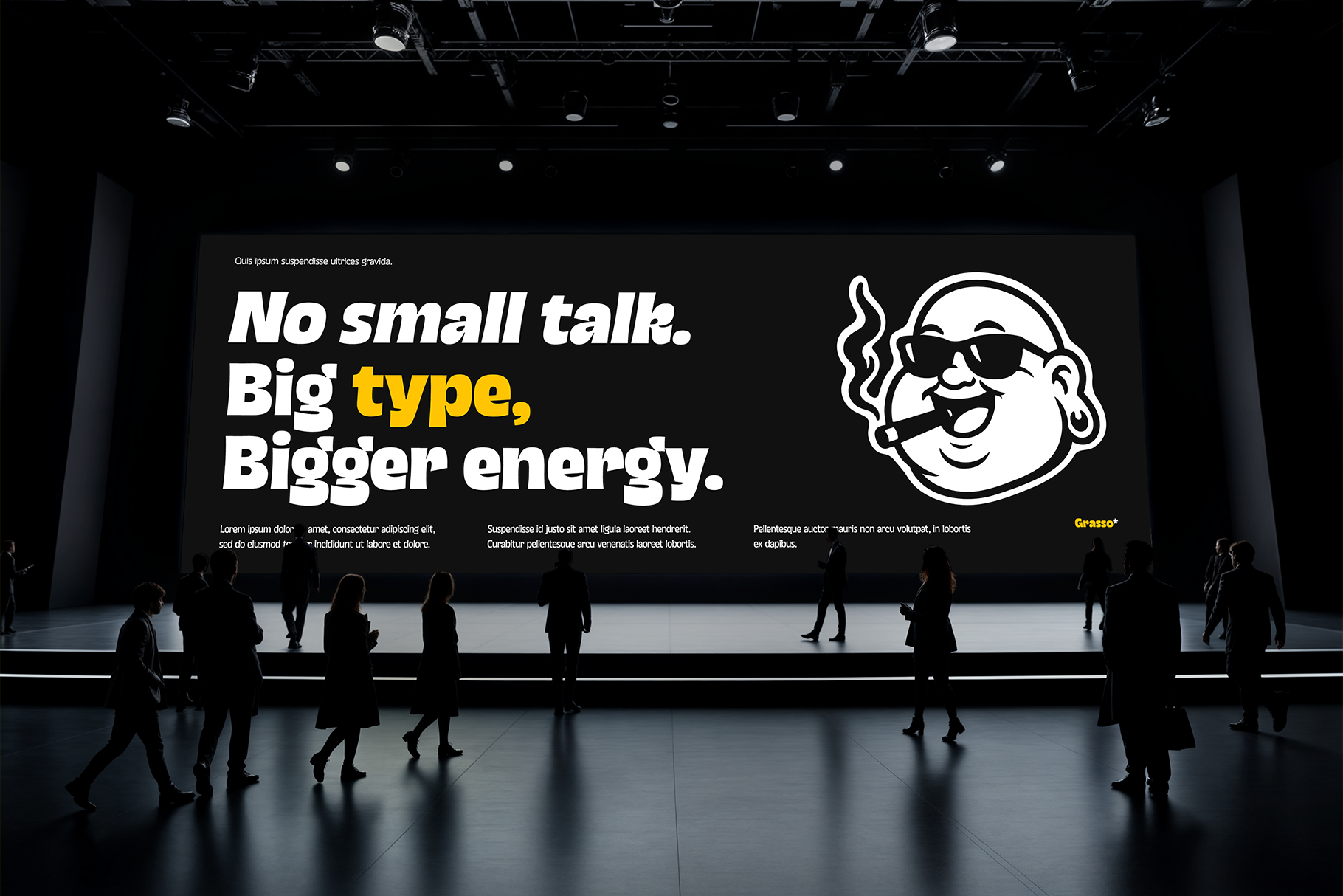 Bold billboard mockup with retro character smoking a cigar, high-energy copy with yellow accent type