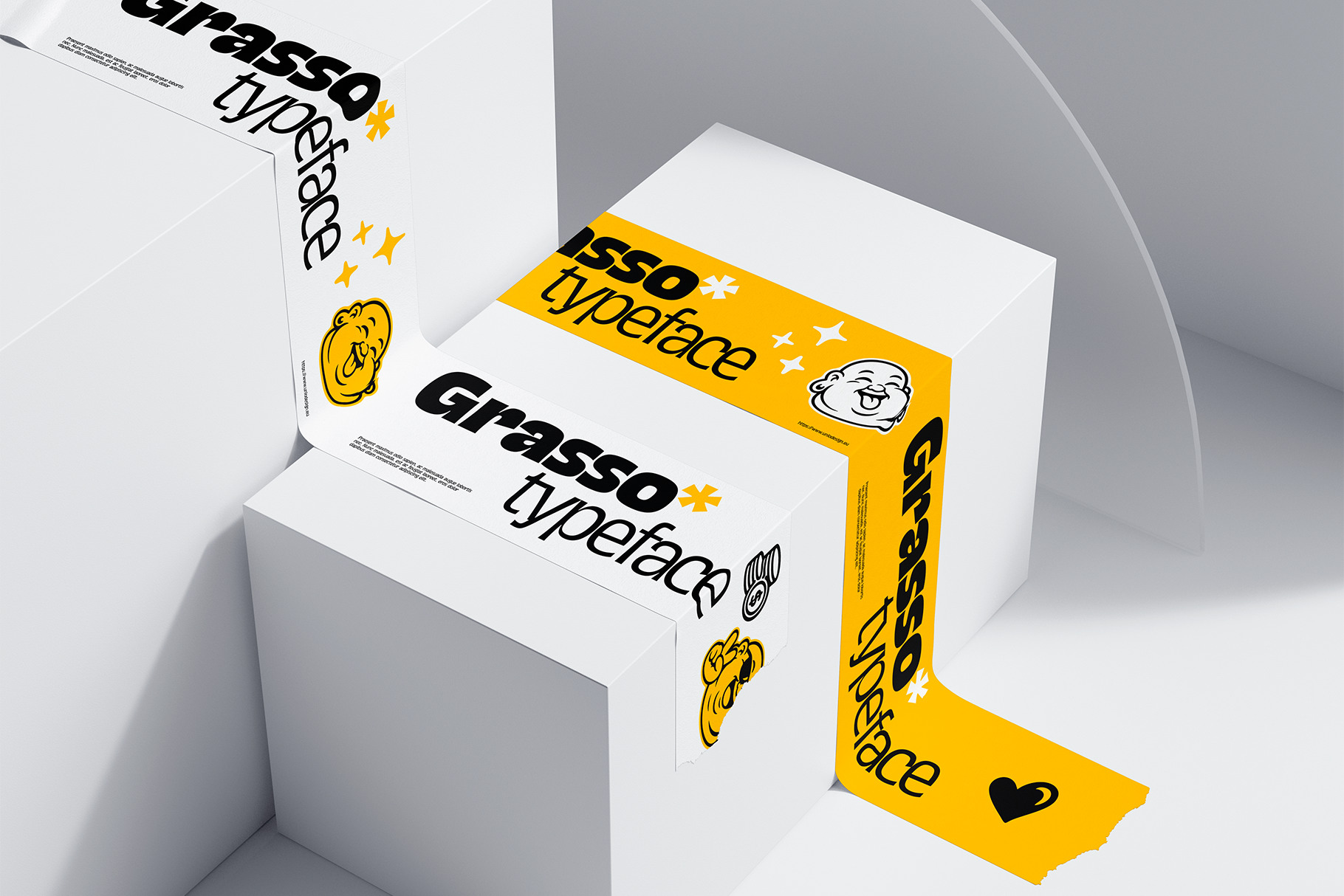 Grasso typeface font family boxes stacked with yellow branding, playful characters, stars