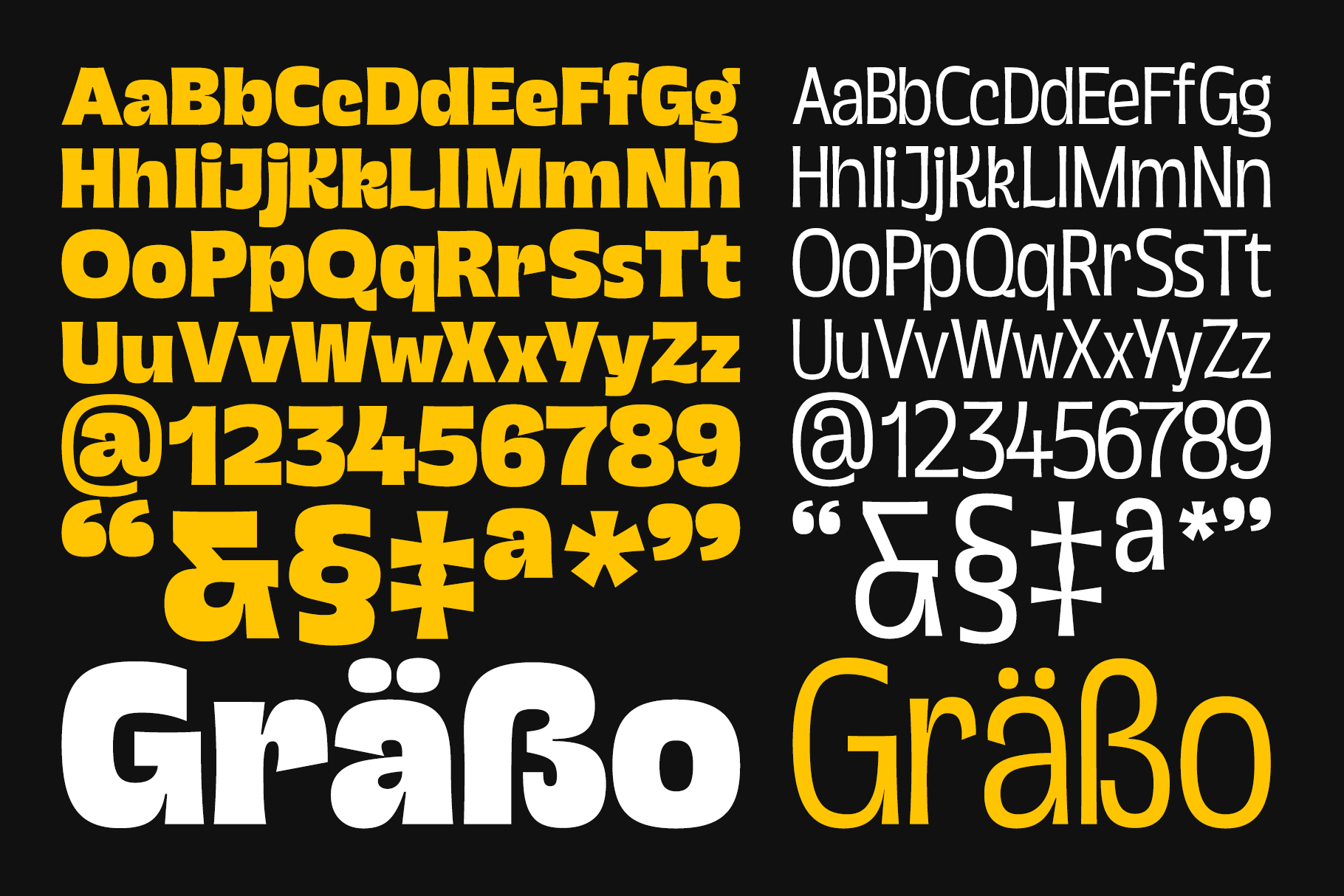 Bold sans serif font in yellow plus white showing full character set with numbers plus symbols on black background