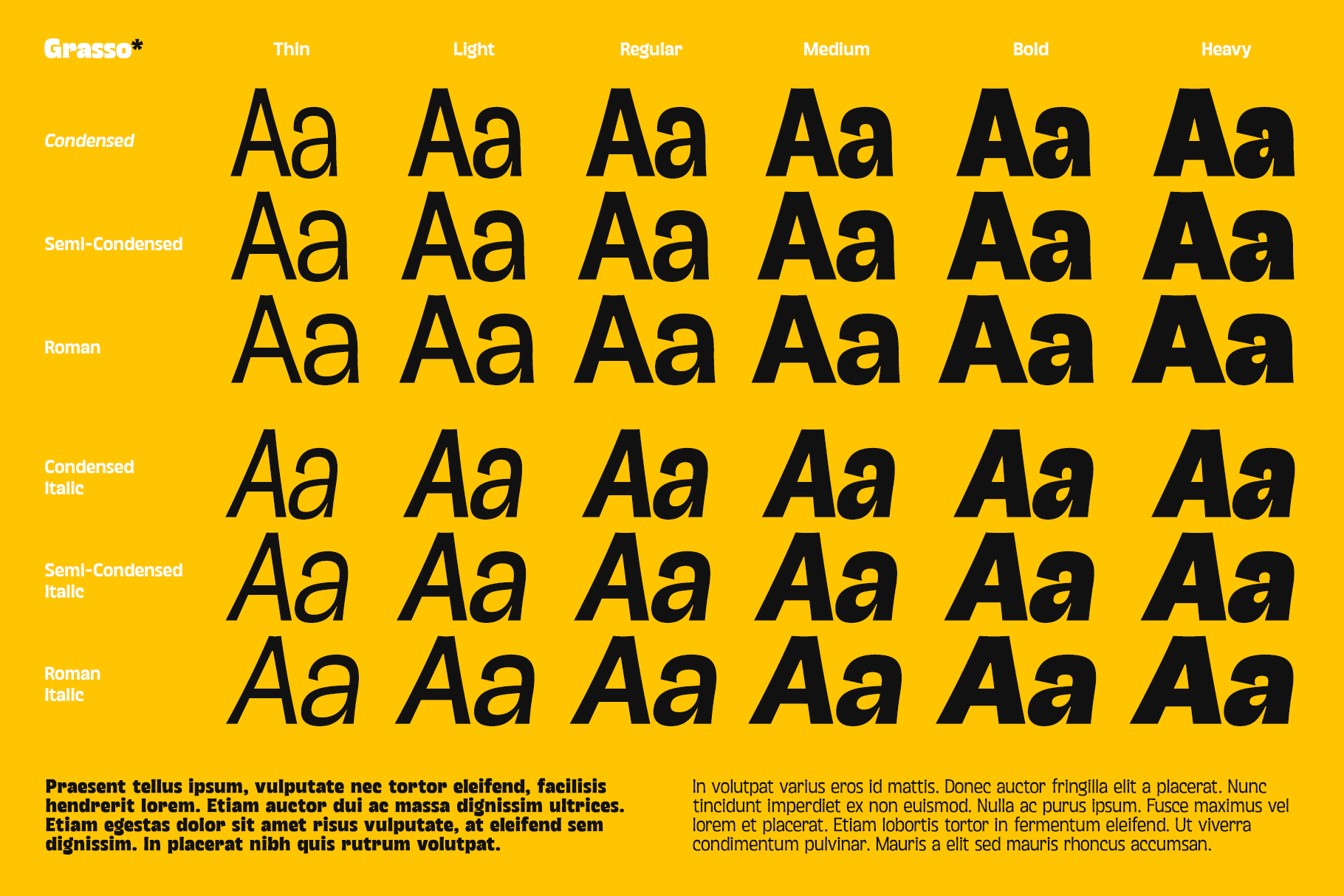 Grasso font family displaying all weights from thin to heavy with condensed, semi-condensed, roman, italic variations on bright yellow background