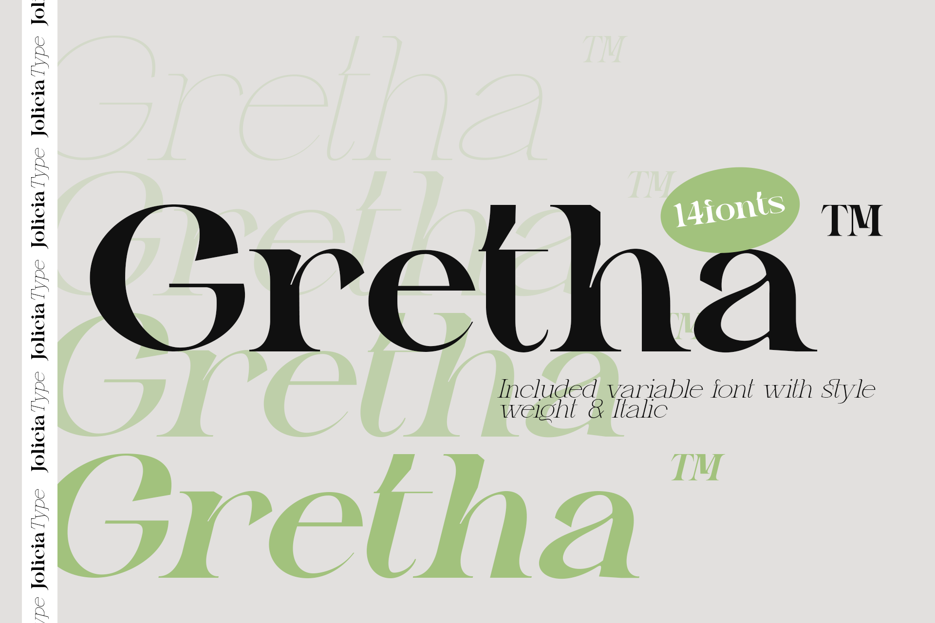 Gretna typeface with 14 fonts showing variable weights, italics, plus lighter green versions