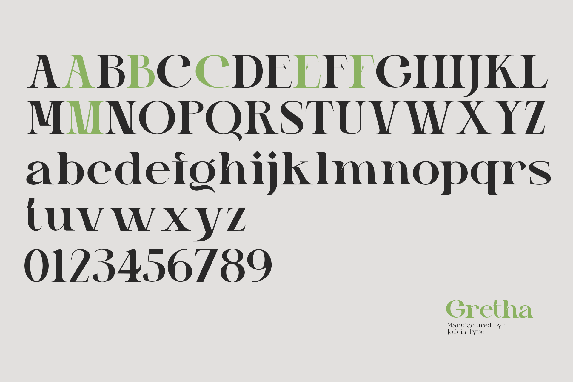 Gretha serif font with alternating black, sage green letters plus full lowercase, numbers
