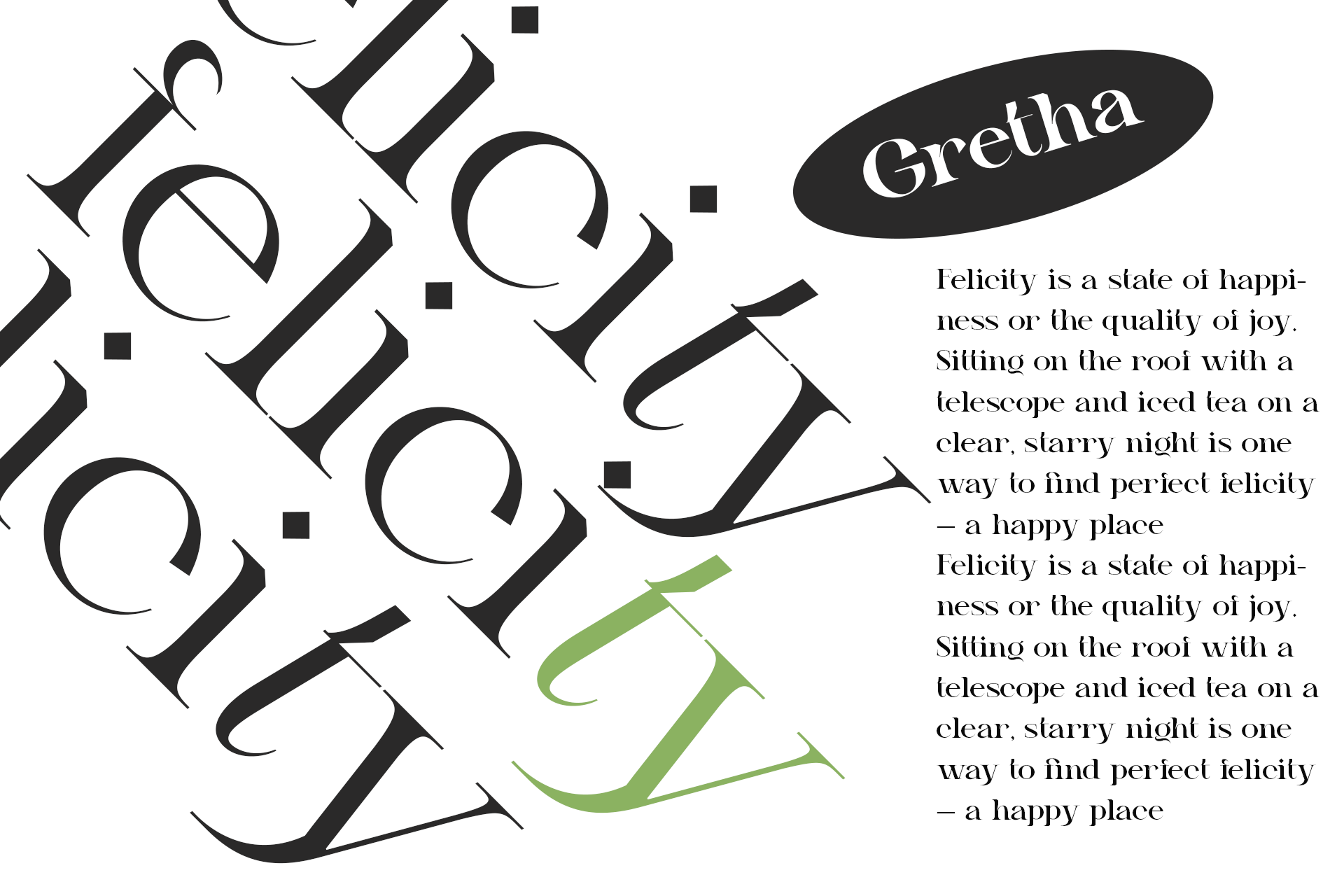 Gretha serif font display with elegant letterforms in black plus one green character sample
