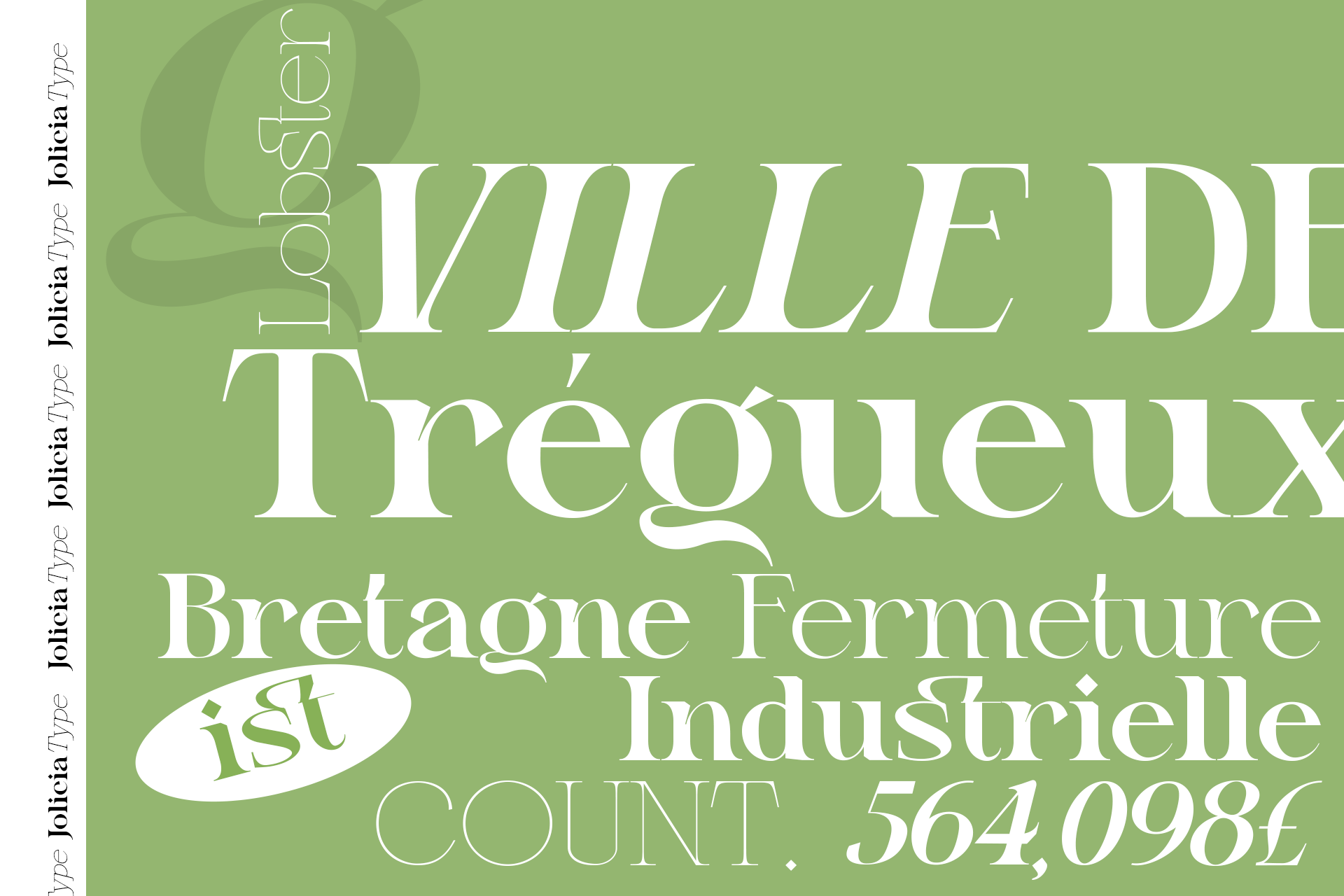 Sage green background with overlapping serif typeface displaying French business text in white