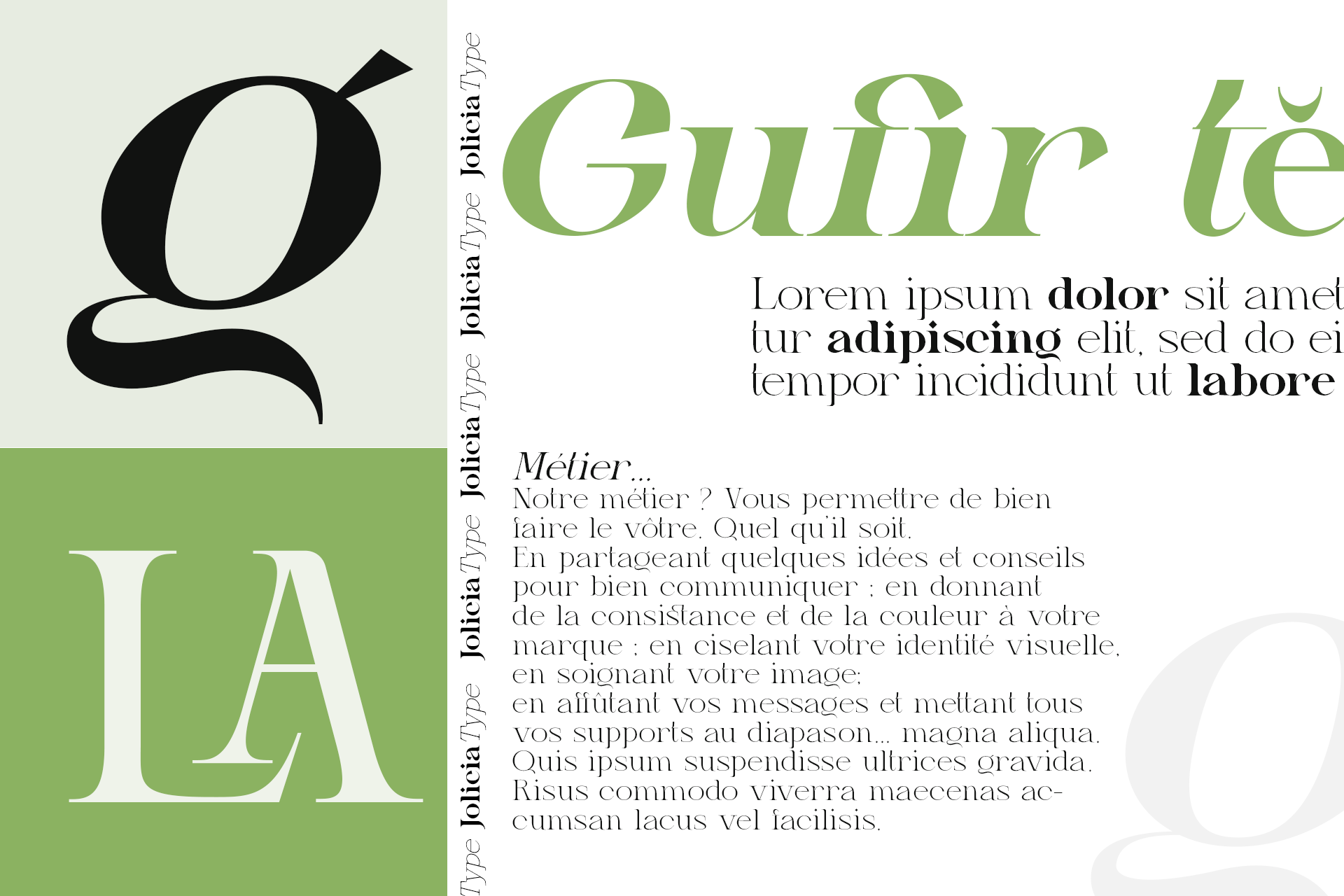 Jolieta typeface specimen with green headline text, serif body copy, plus black logo mark on cream background