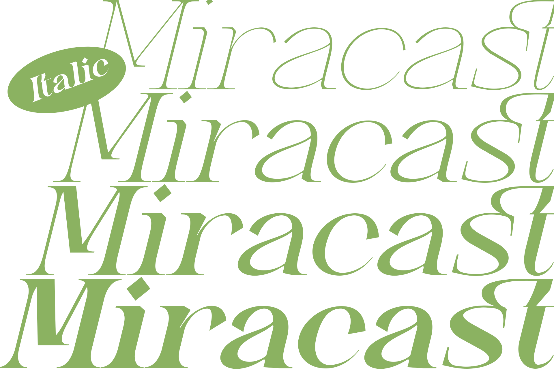 Elegant serif font in sage green with italic label, showing uppercase letters in flowing style