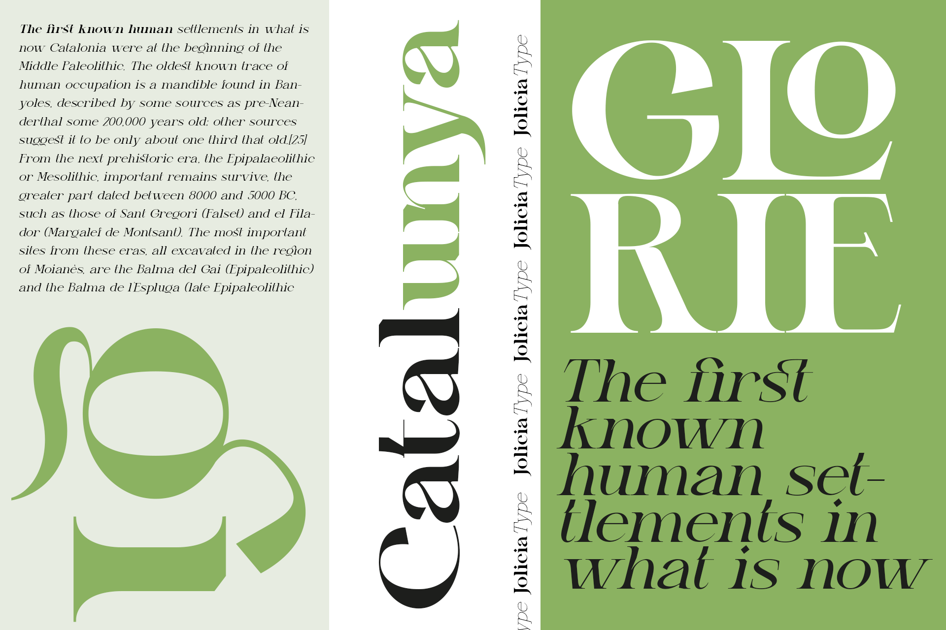 Catalonia serif font book layout mockup with green color scheme