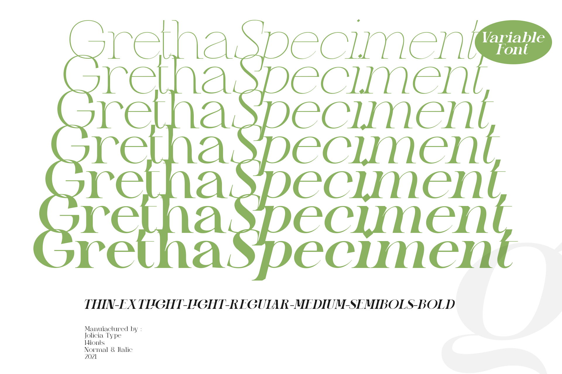Gretha Specimen variable font displayed in green with multiple weight variations shown