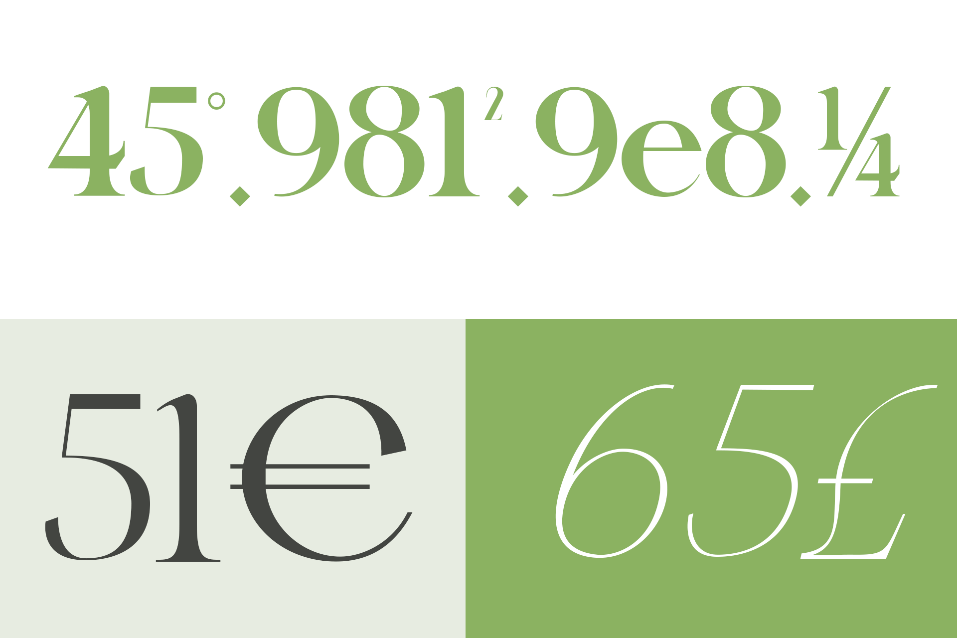 Split layout showing serif typeface in sage green on cream left side with euro currency symbols, white outline font on green right