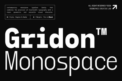 Gridon Monospace typeface displaying clean geometric letterforms in white on black background