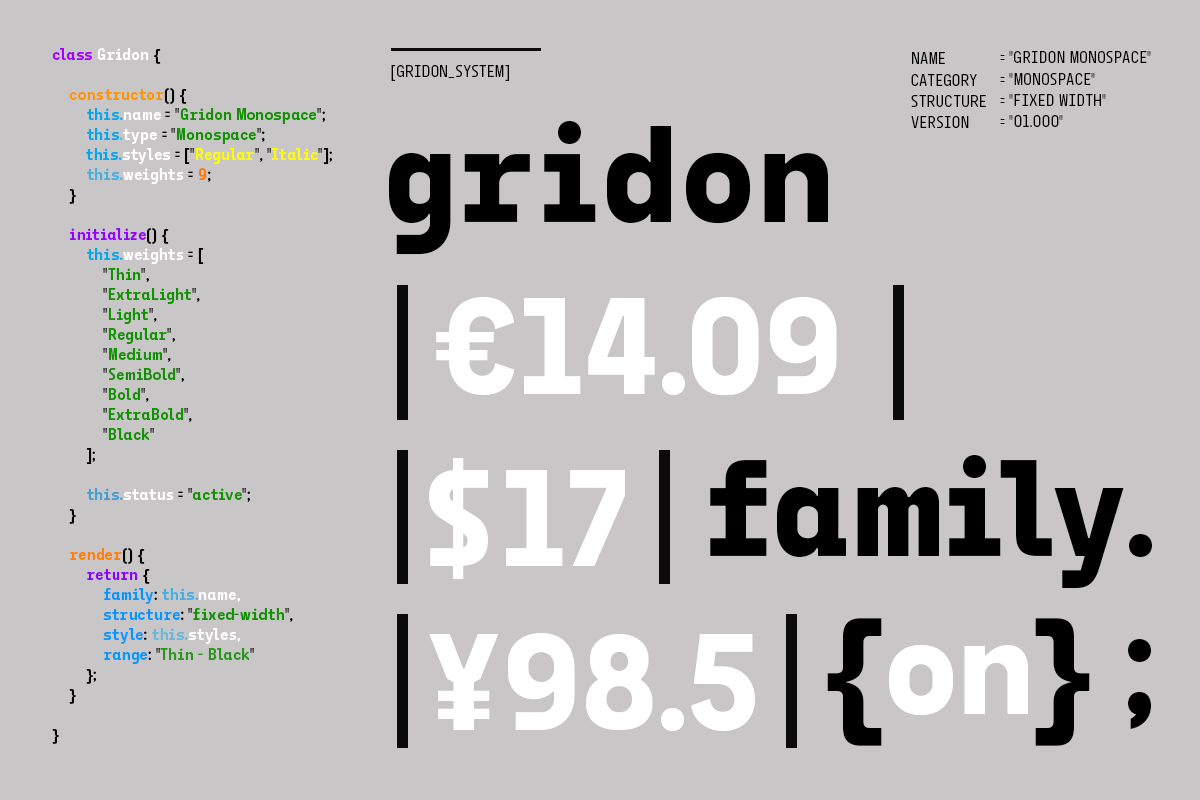 Gridon Monospace font family shown with code snippet, pricing in euros dollars yen