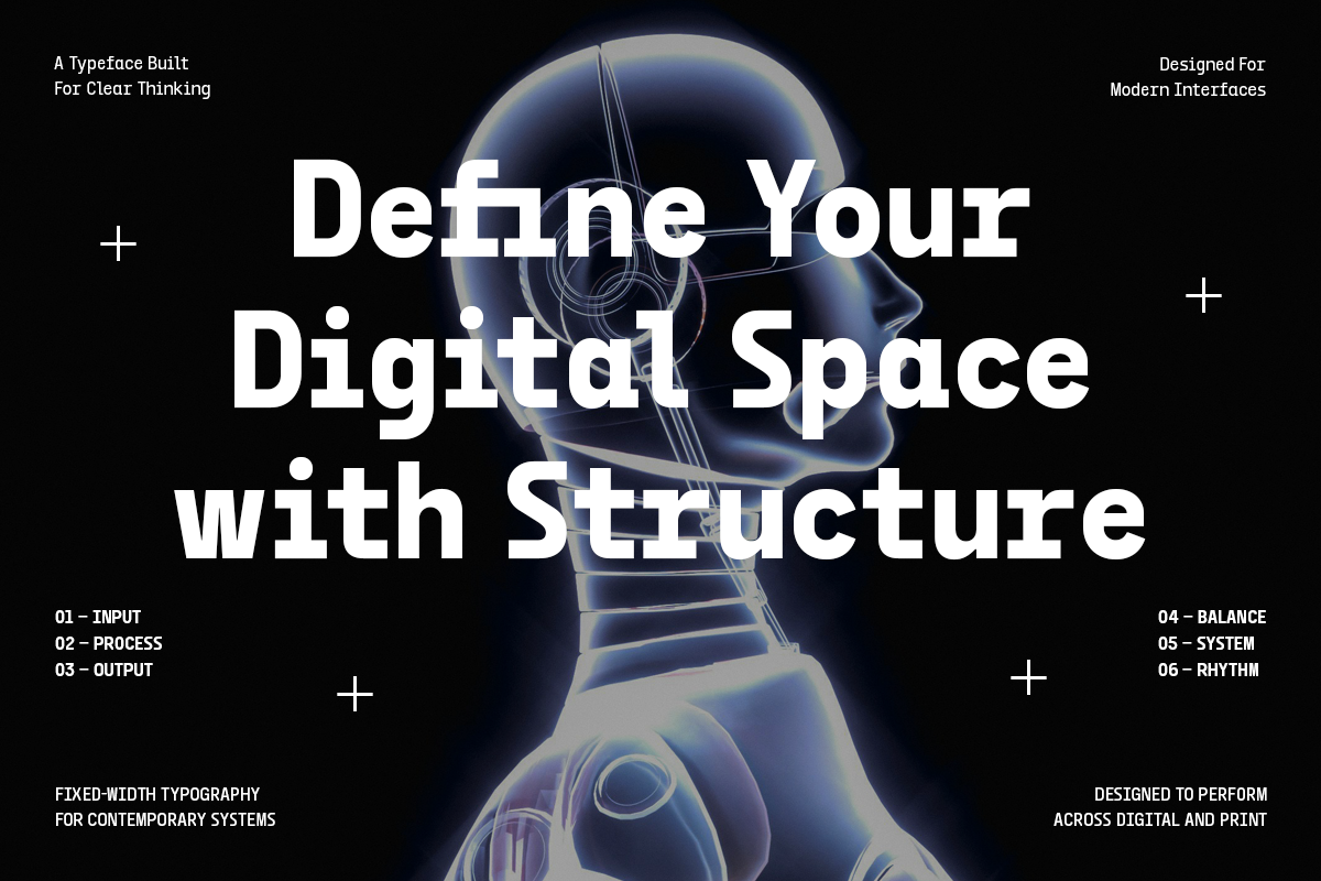 Monospace typeface showcase with glowing wireframe head on black background, text overlay