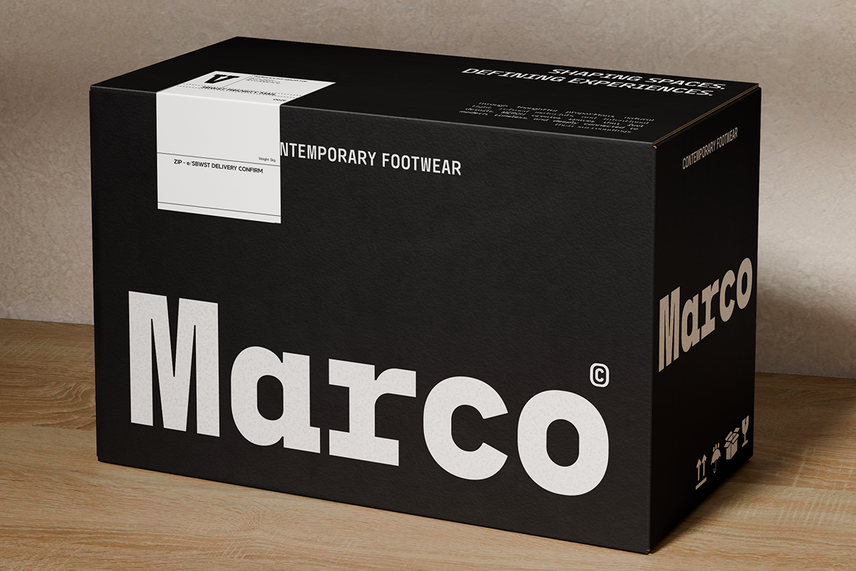 Black shipping box mockup with Marco branding label showing contemporary footwear packaging