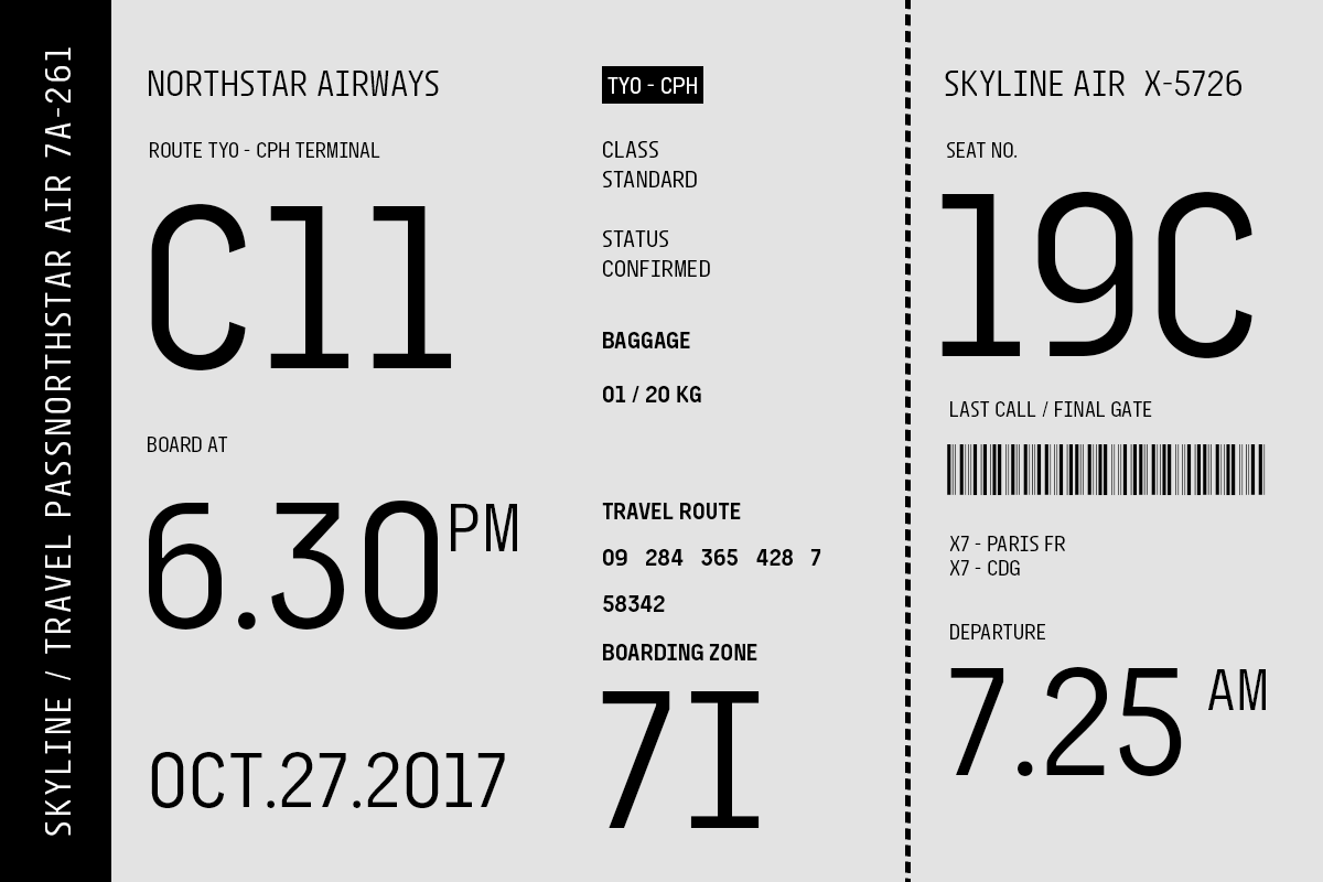 Vintage airline boarding pass mockup for Northstar Airways with seat, gate, departure details