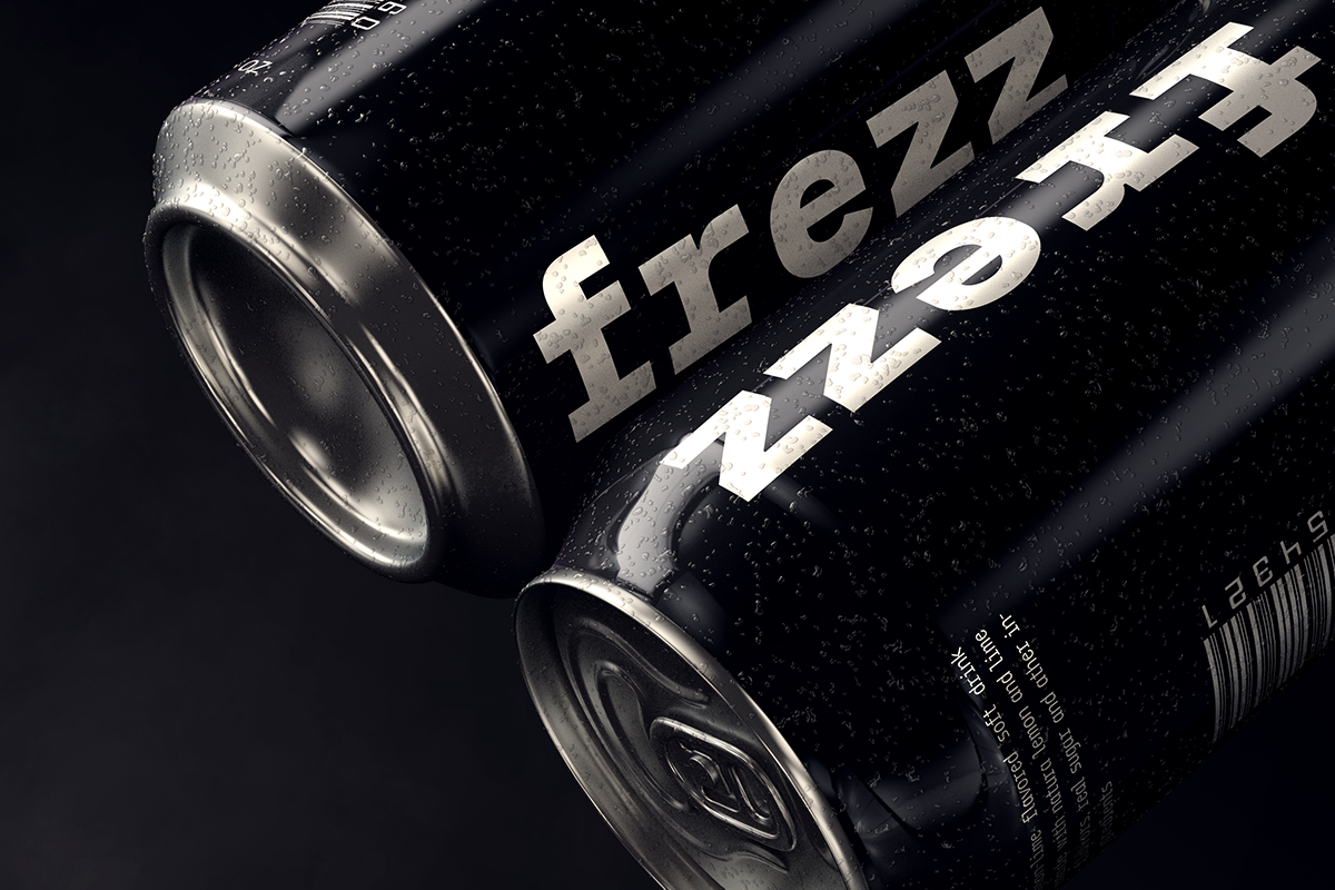 Sleek black cylindrical cans with metallic silver text on dark background, close-up product shot