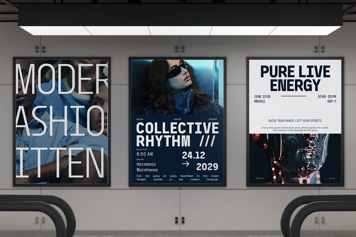 Three framed event posters hung in modern gallery space with industrial ceiling