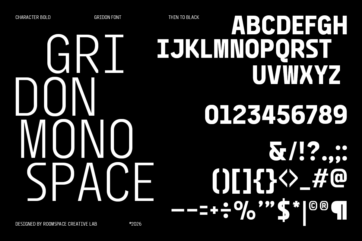 Gridon monospace font family showing character bold weights with full uppercase alphabet, numbers, symbols on black background