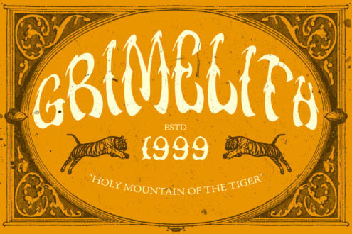 Vintage gold label with ornate tiger illustrations, distressed serif lettering, established 1999 branding