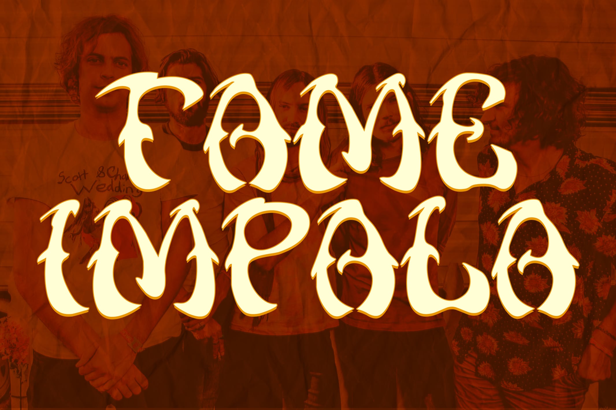 Retro neon text overlay saying "Save Tomorrow" in cream with gold outline on warm burnt orange background with group photo
