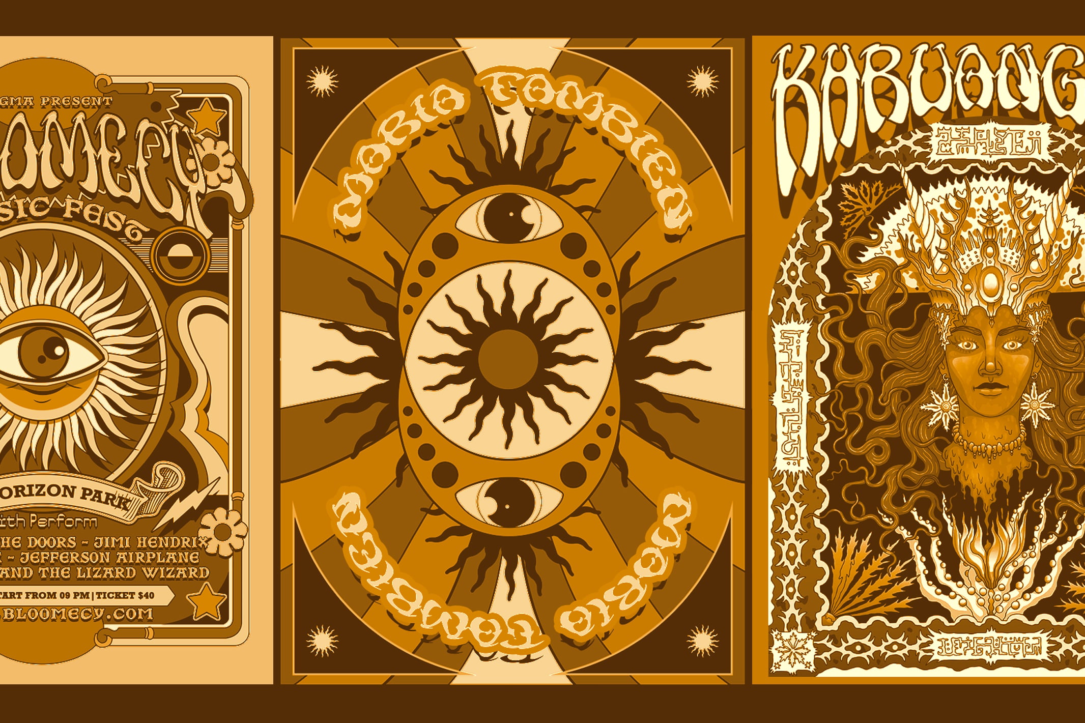 Retro occult poster collection with mystical eyes, suns, ornate frames in brown gold tones