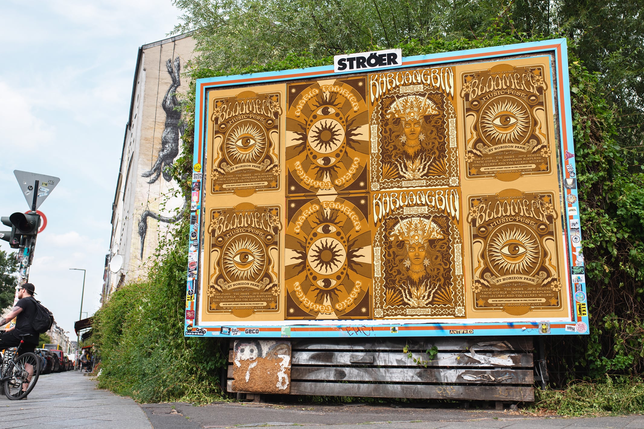 Vintage poster grid with gold occult imagery, suns, eyes, ornate frames on turquoise-bordered billboard