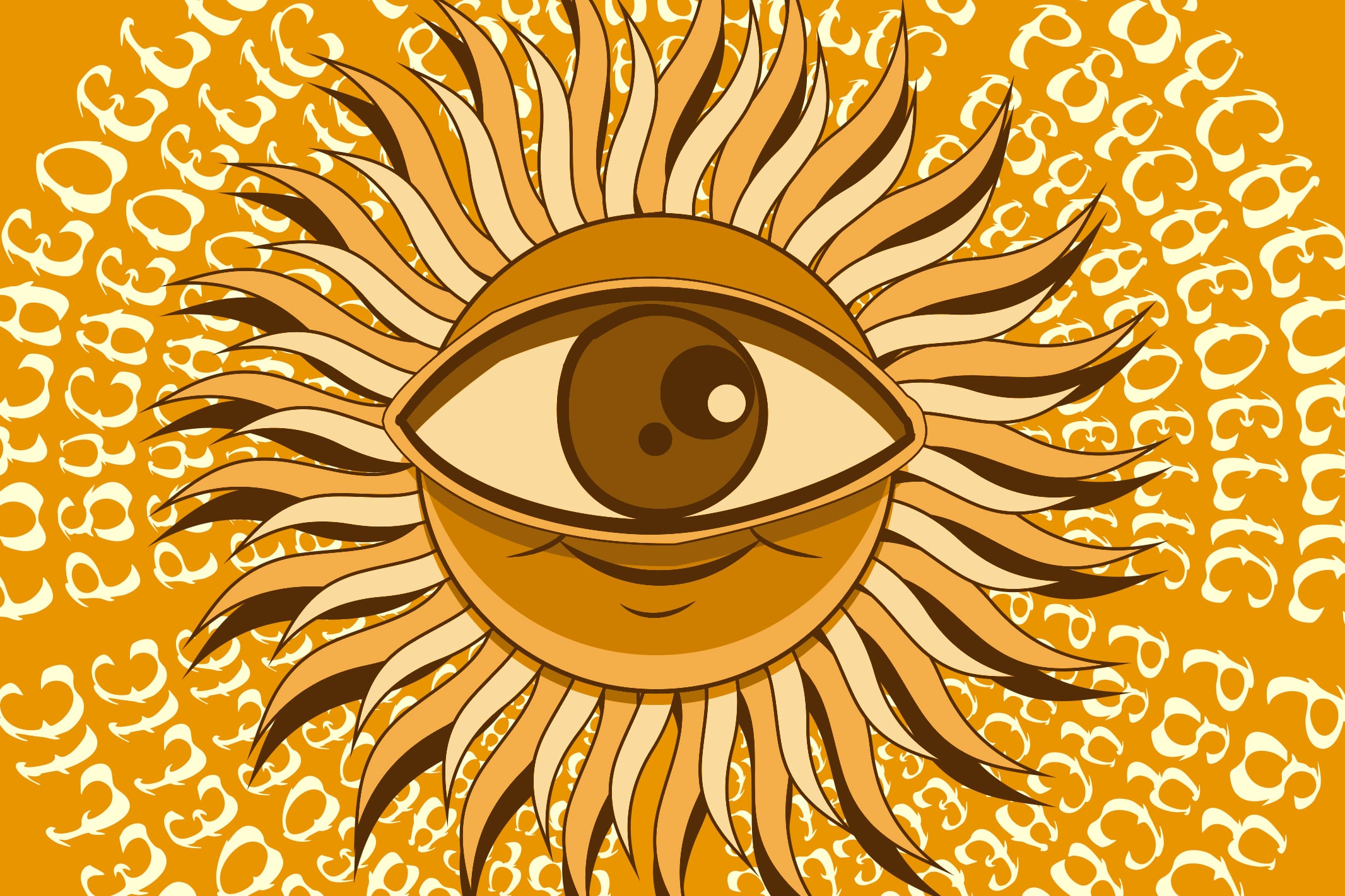 Groovy retro sun character with radiating lashes on gold patterned background