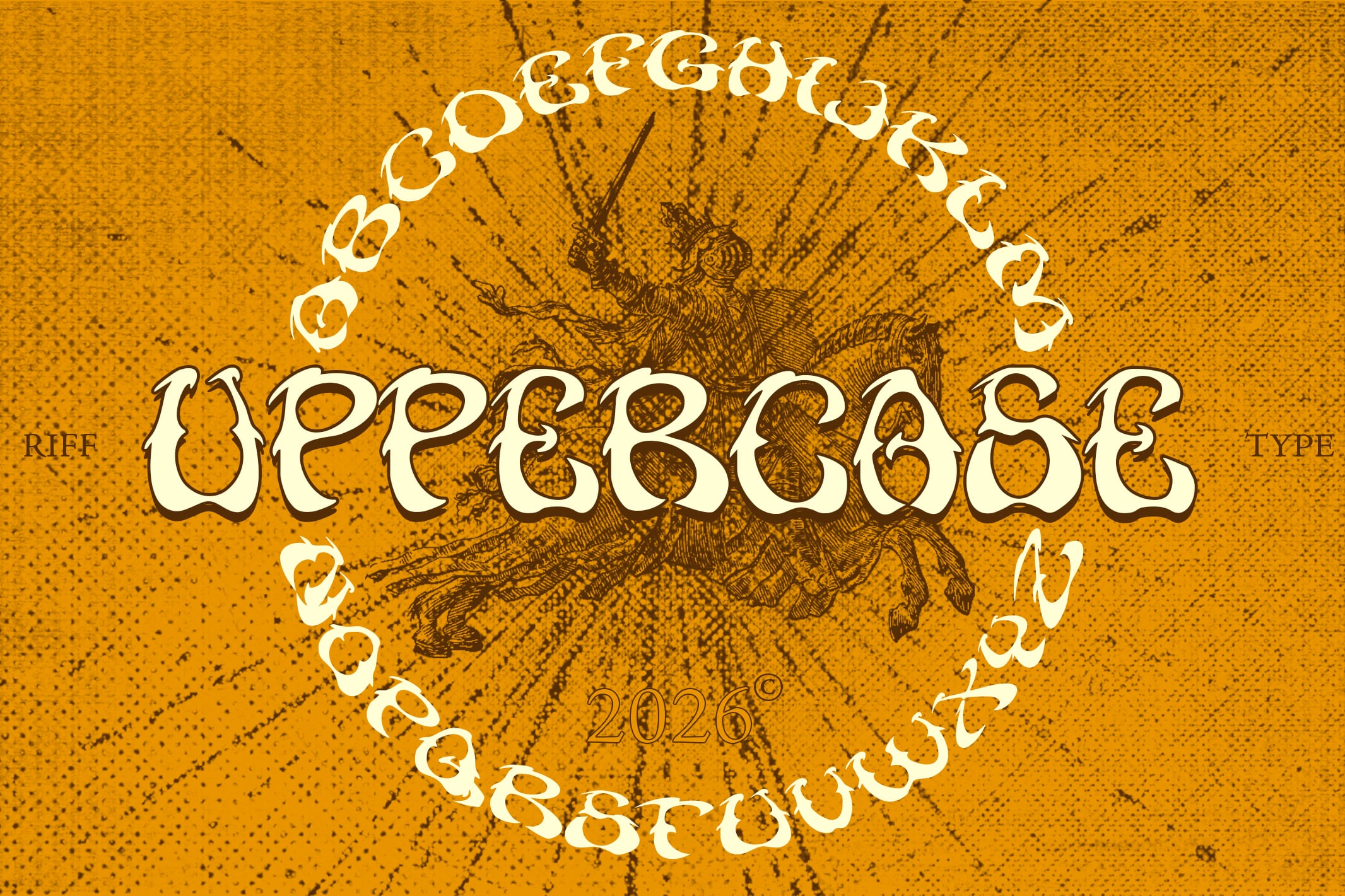 Uppercase serif font with decorative circular text on textured gold background with vintage engraving