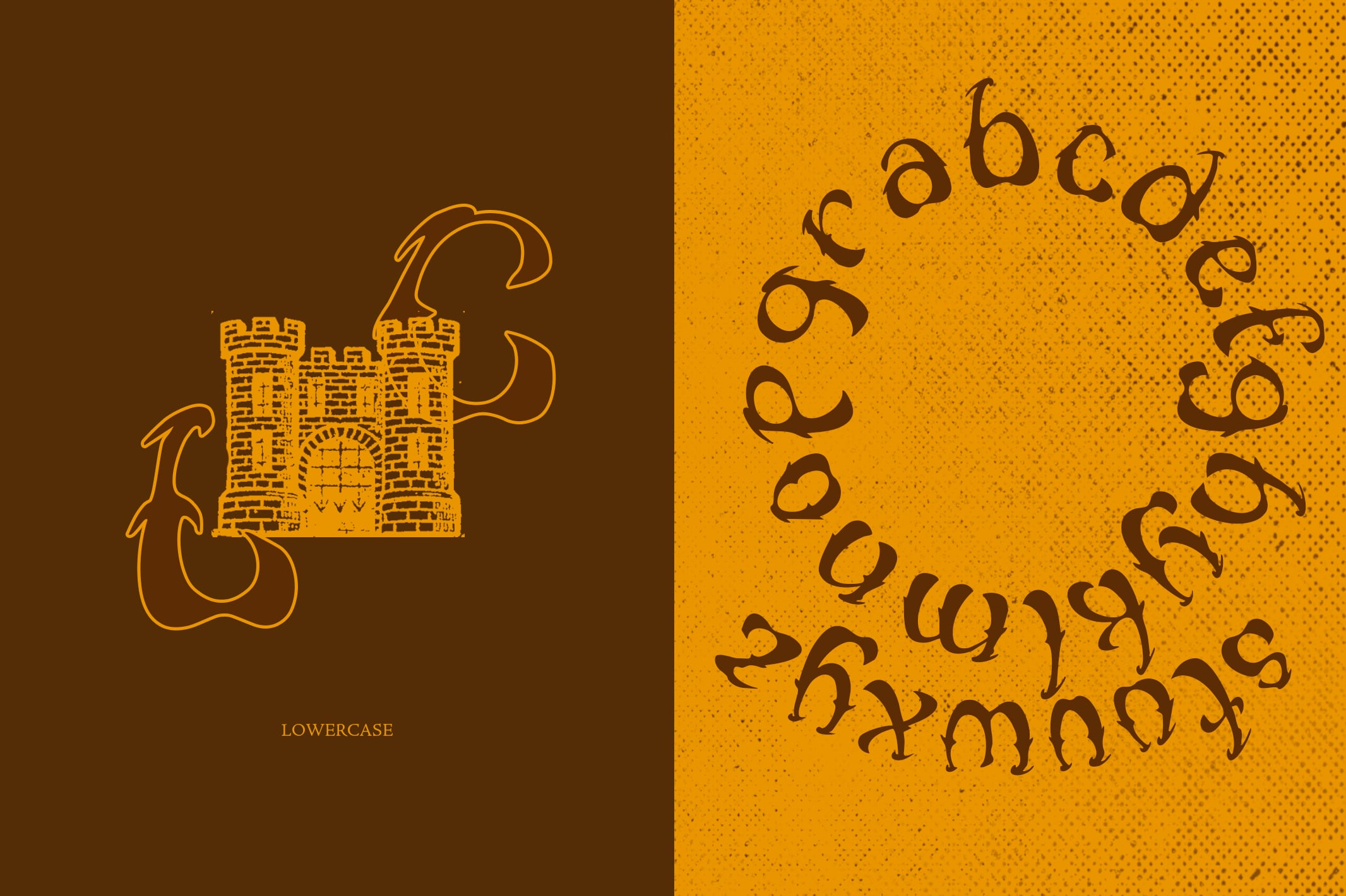 Lowercase font display with castle icon on brown, circular alphabet on gold textured background