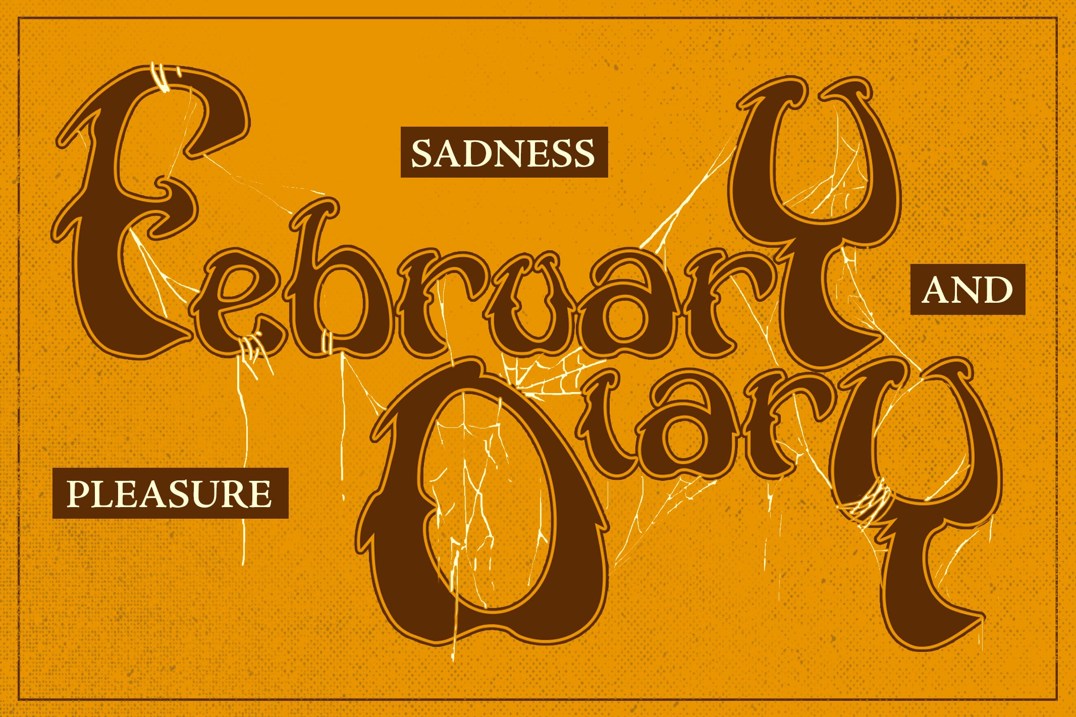 Ornate brown lettering on gold background with "Sadness Pleasure Rebirth" text overlaid