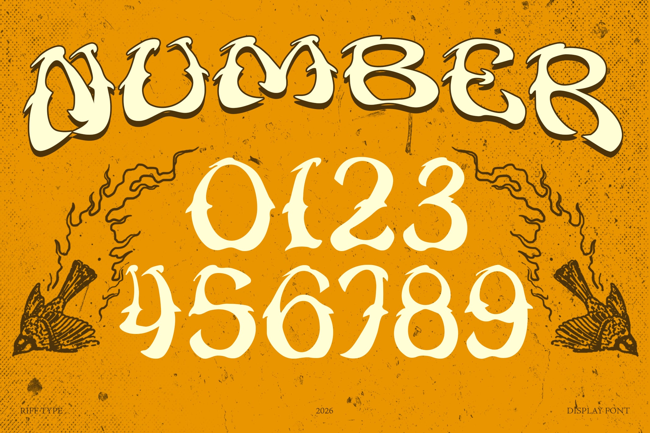 Ripe Type display font with retro wavy letters on distressed orange background with fish graphics