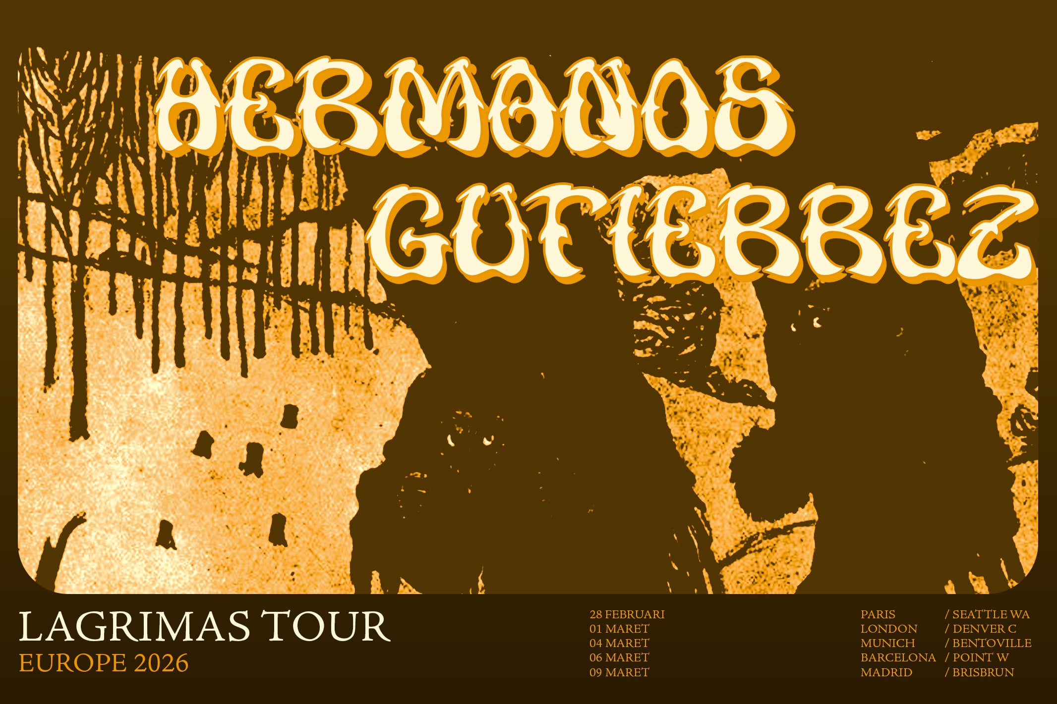Retro tour poster with bold yellow outline type, textured map shapes, dripping paint details on warm brown background