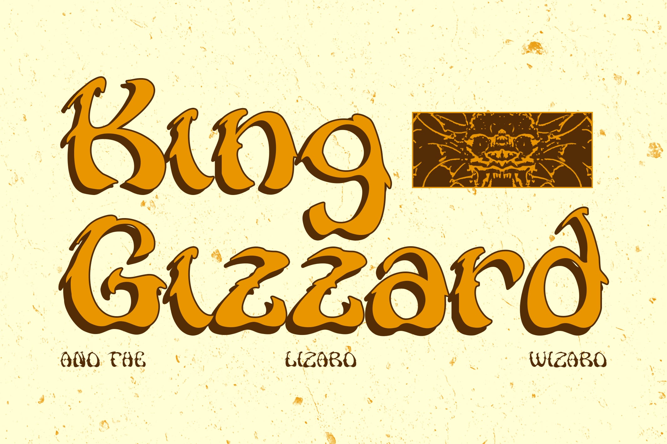 King Gizzard retro tour poster font mockup with vintage texture, ornate lettering style