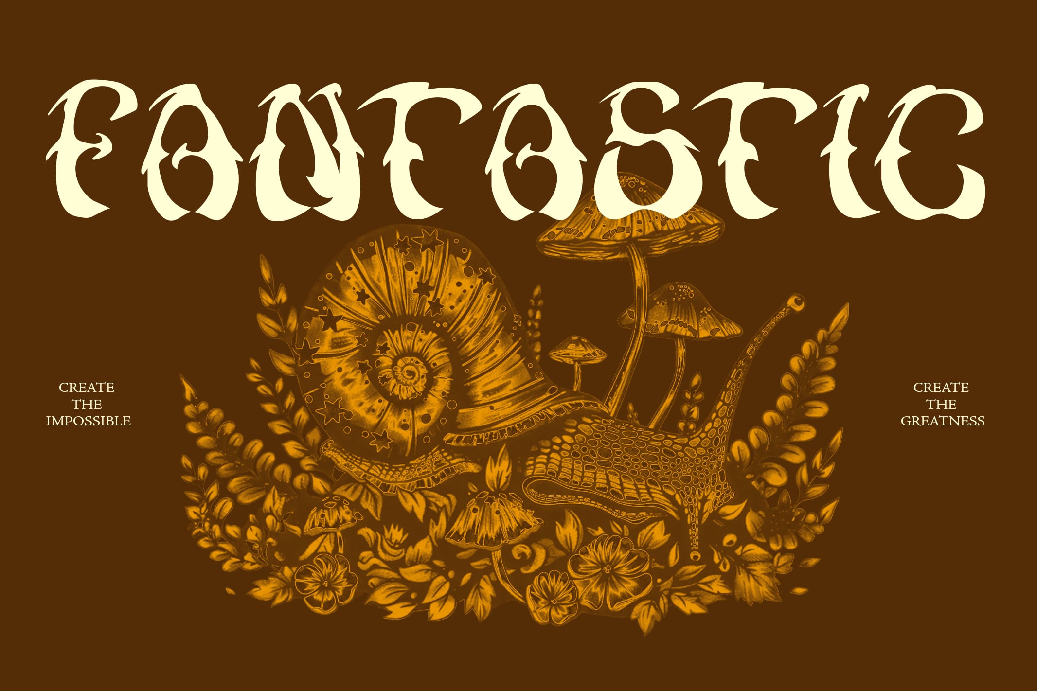 Ornate fantasy font with gold mystical creatures, florals, plus motivational taglines on brown background