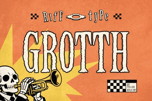 Riff type retro display font with skeleton trumpet, bold orange background, groovy vintage vibes