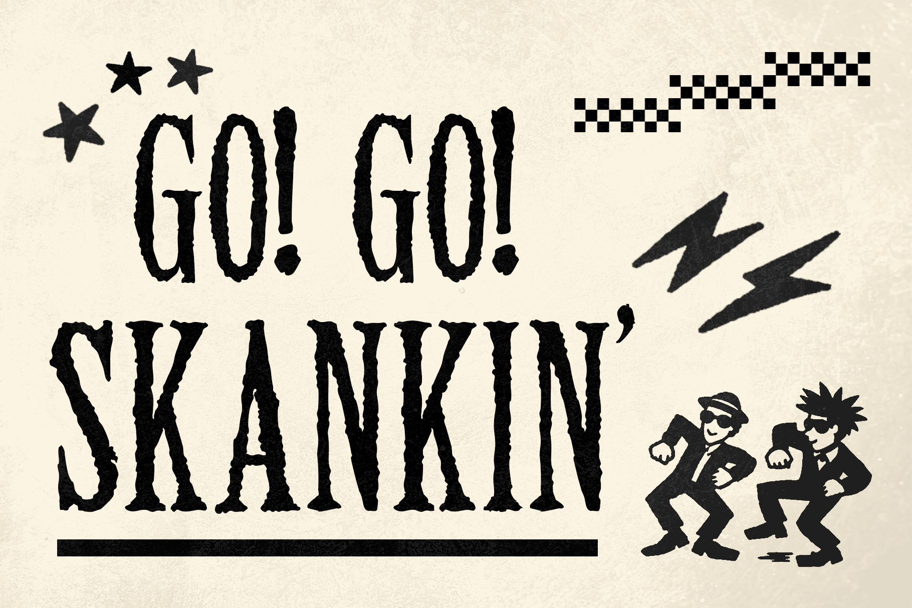 Go! Go! Swankin' retro graphic with dancing guys, stars, lightning bolts, checkerboard