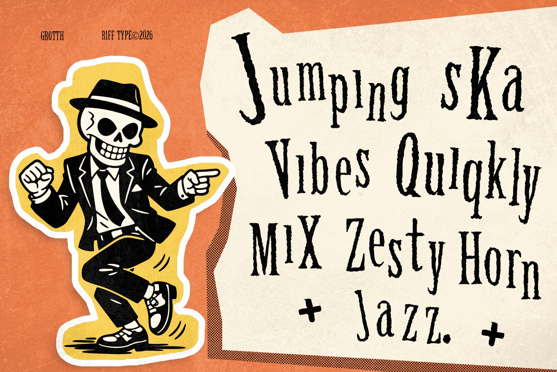 Retro ska poster with skeleton in fedora doing jumping pose next to distressed typography on cream background