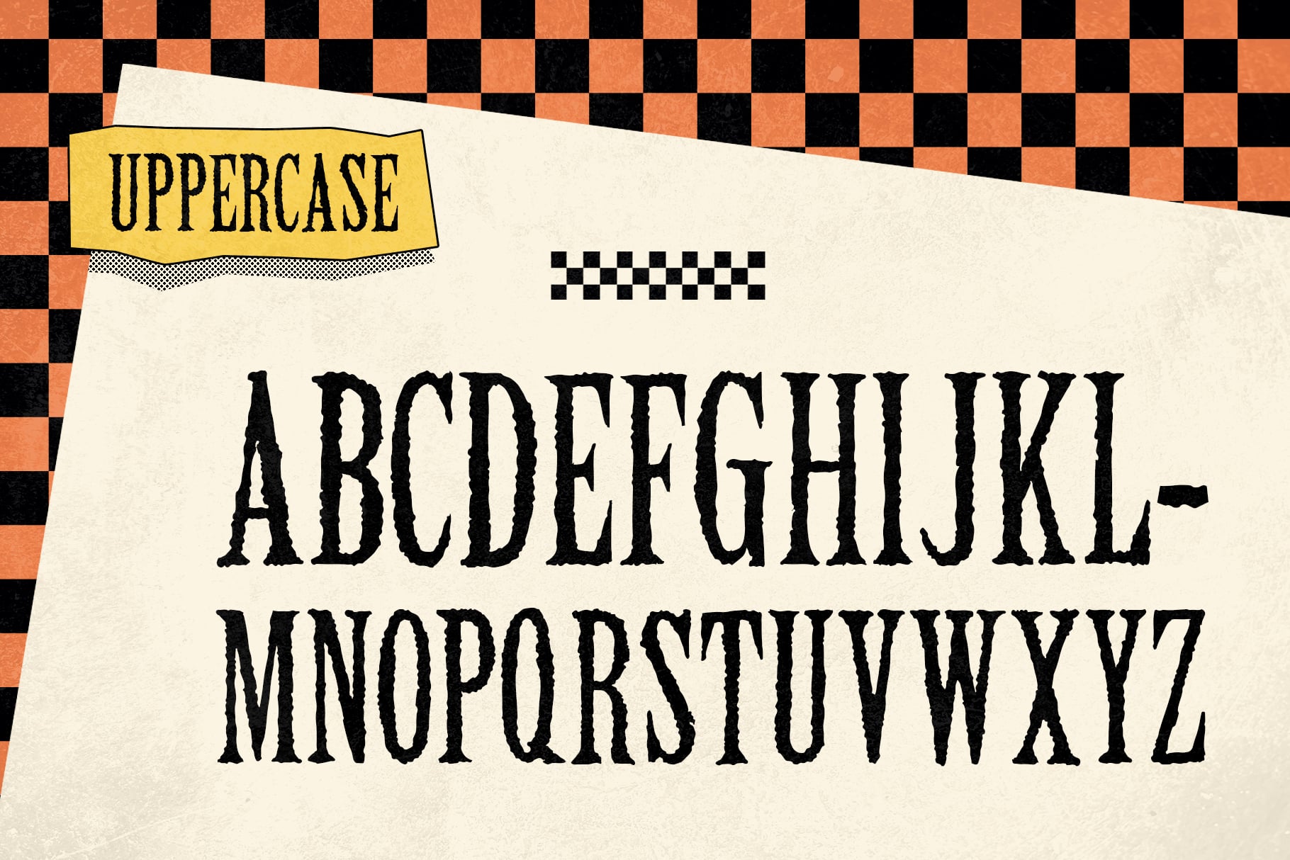 Vintage serif font with distressed texture on checkerboard background