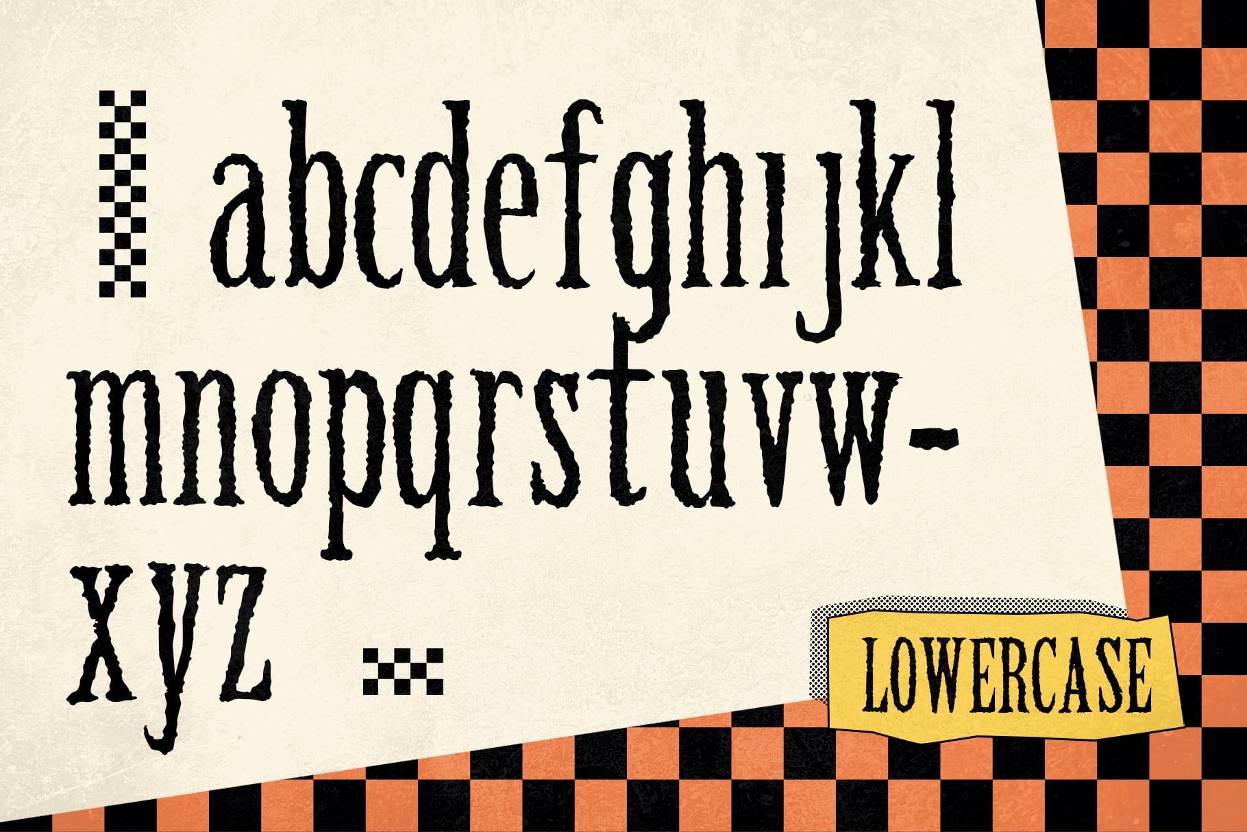 Vintage serif font displaying full alphabet with retro checkerboard border on cream background