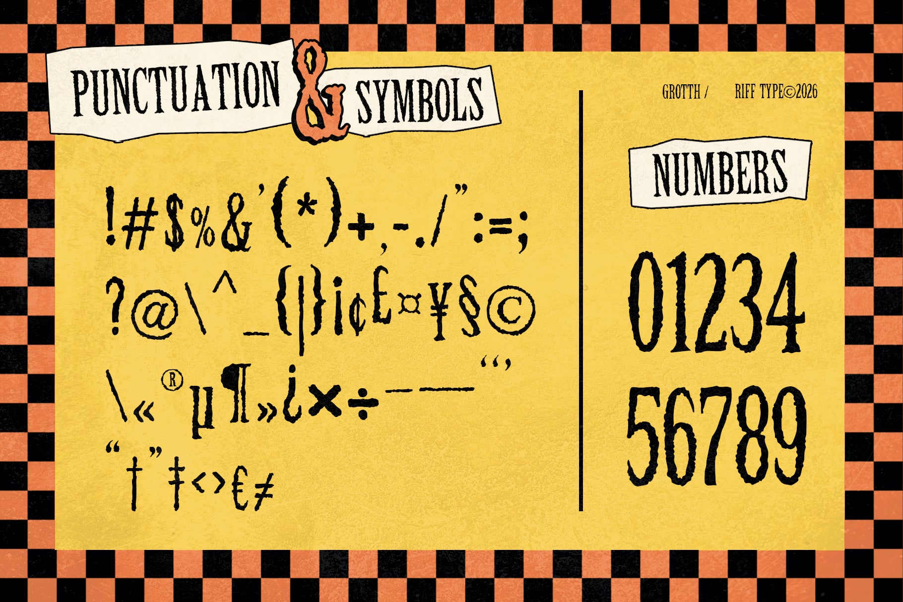 Retro font character sheet showing punctuation symbols, numbers, currency signs on yellow background with checkerboard border