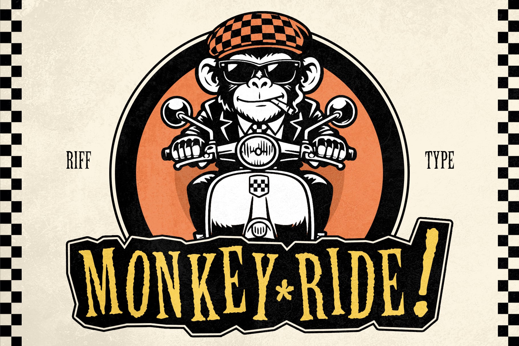 Cool monkey biker badge with retro vibes, checkerboard cap, shades, leather jacket on scooter