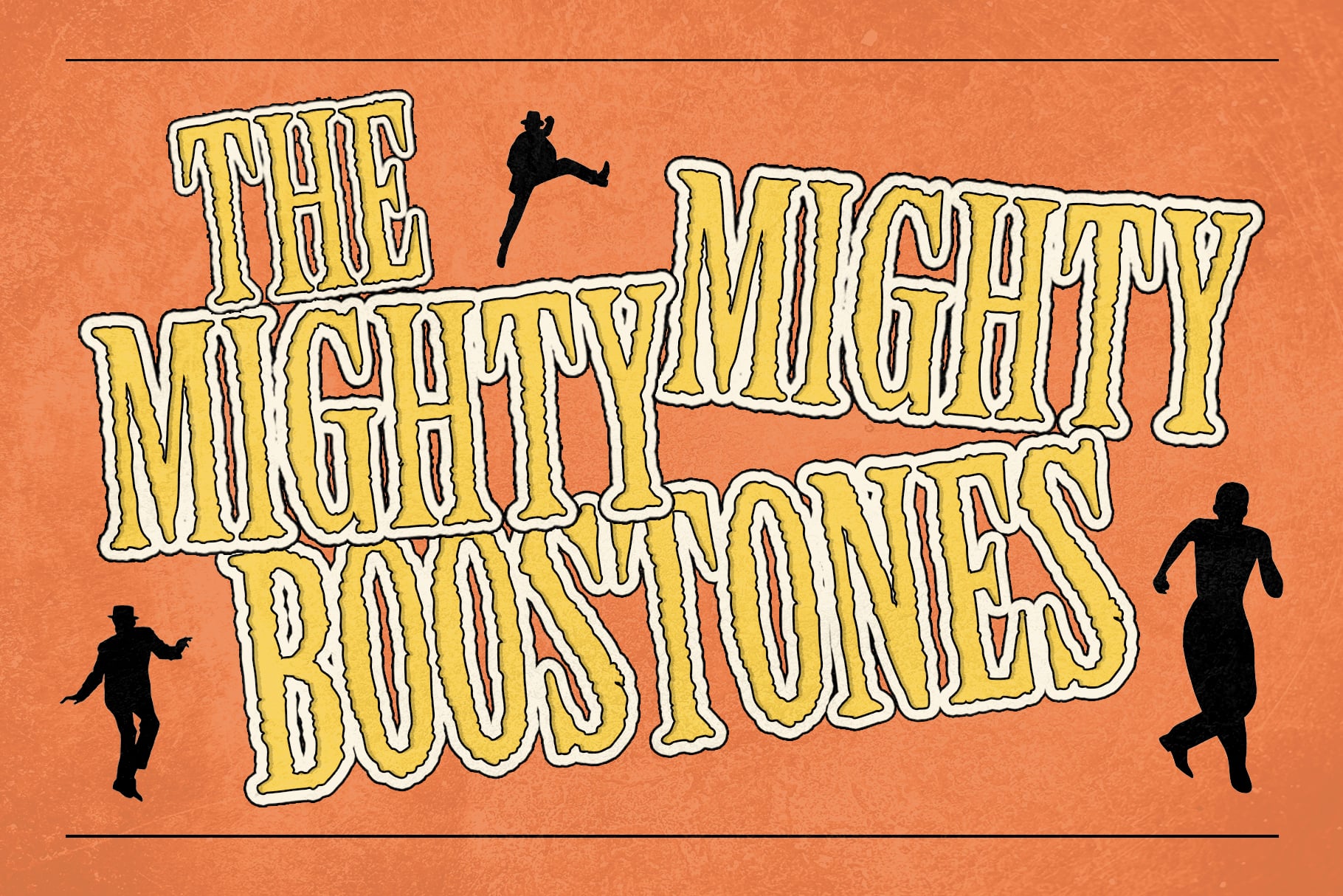 Retro movie poster style text with silhouettes of people jumping around orange background