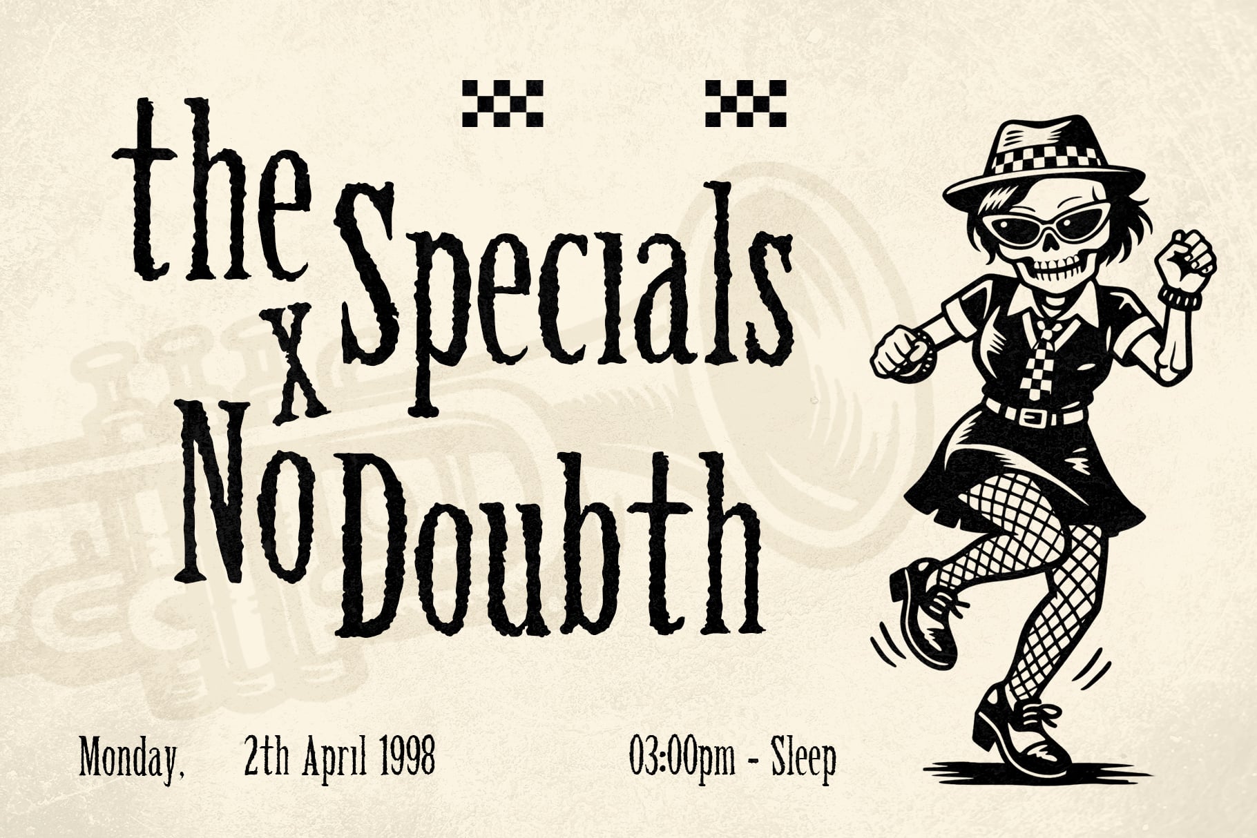 Retro ska poster with "the Specials No Doubt" text, dancing skeleton character in checkerboard hat, 1998 event flyer